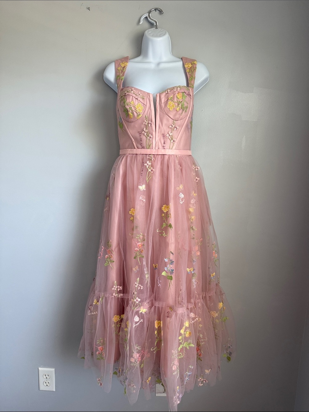 Boho Pink Floral Embroidered Tulle Midi Dress